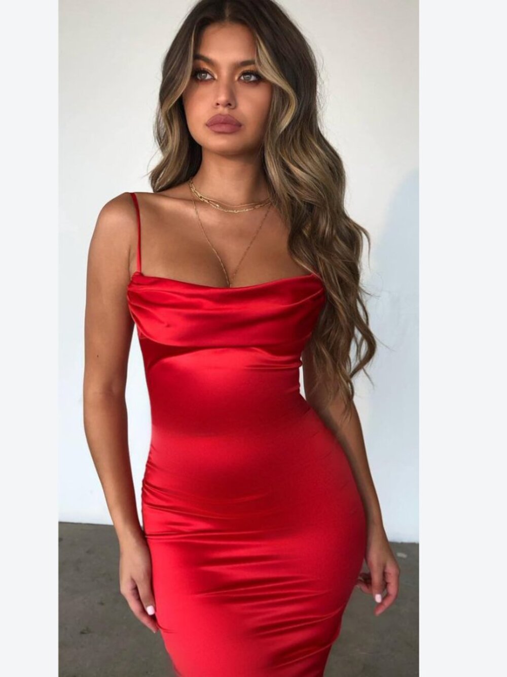 Oh Polly Satin Cowl Neck Bodycon Midi Dress Red Size 6